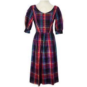 Vintage R & K Originals Union Tag Taffeta Plaid Dress Size 12 Purple Red Holiday